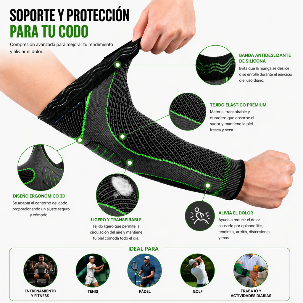 Soporte para codo Manga Support + de Movicore, con diseño ajustado y acolchado para aliviar molestias y ofrecer estabilidad.