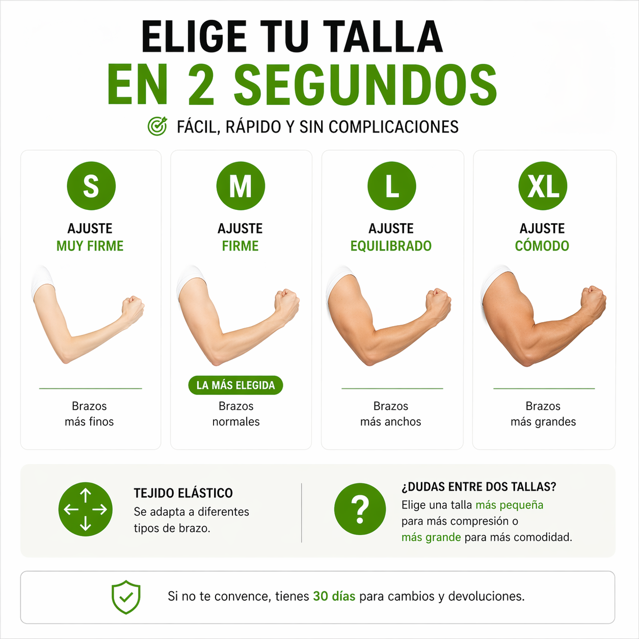 Soporte de manga para codo Movicore en diferentes tallas, blanco y ajustable para protección y soporte del codo.