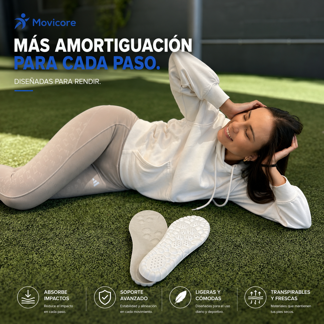 Plantillas Impact+ de Movicore, vistas en un entorno de estilo de vida, diseñadas para mejorar la comodidad y el rendimiento.